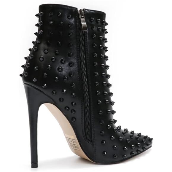 Women’s Rhinestone Black Ankle Boots Pointed Toe Stiletto Heel with Rivets - Picture 3 of 9